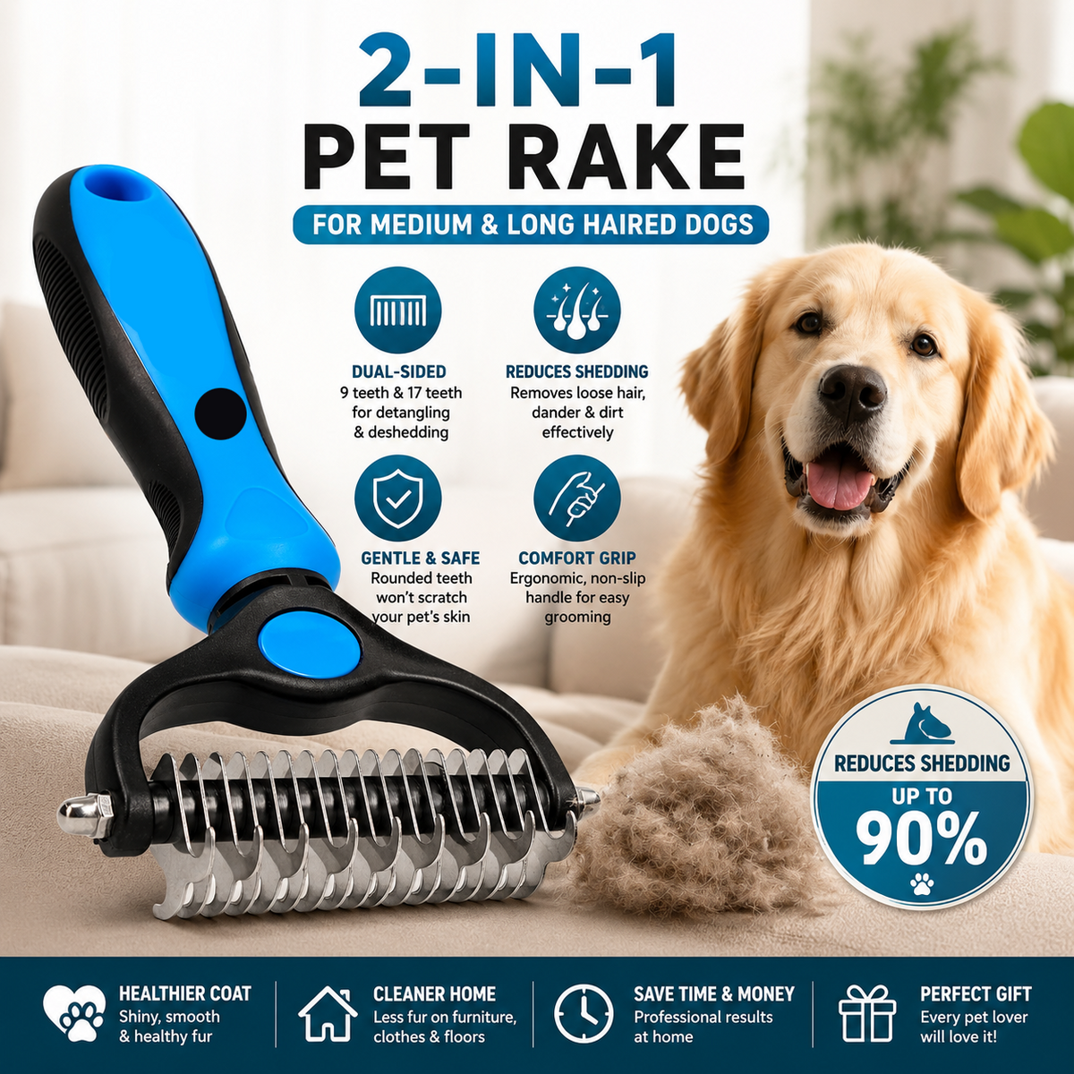 🐾 2-in-1 Deshedding & Dematting Pet Brush – Grooming Tool for Dogs & Cats